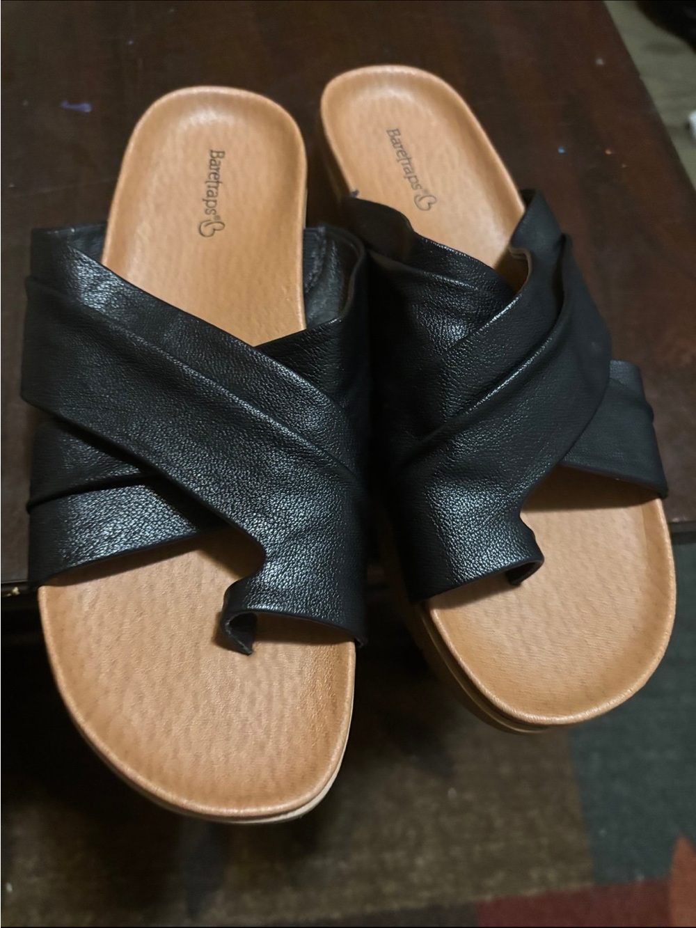 BareTraps Black Crisscross Slide Sandals with Tan Footbed